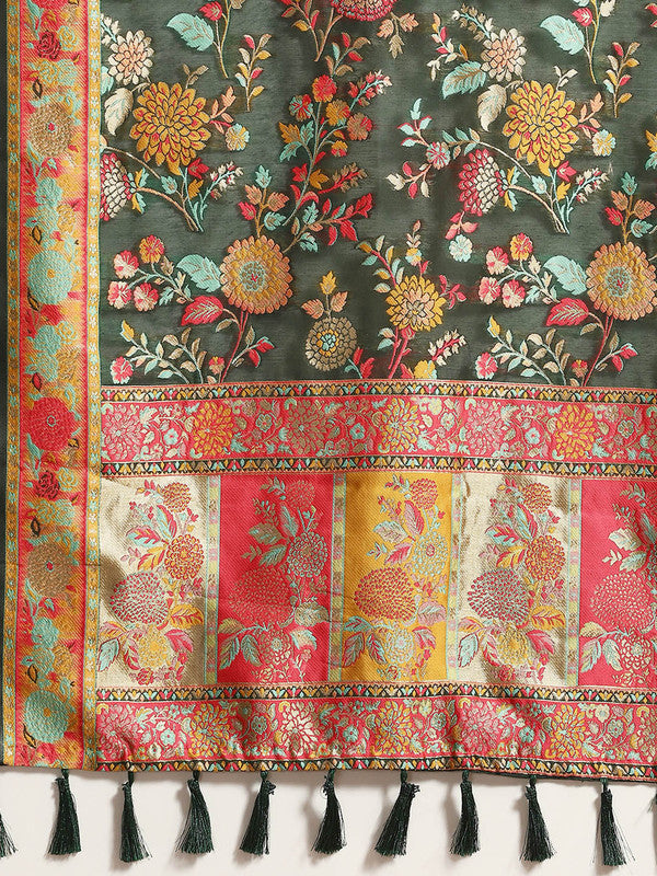 Green Cotton Blend Floral Saree with Thread Work & Blouse
