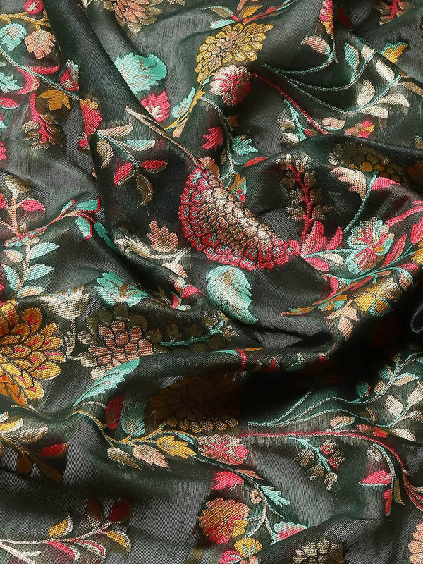 Green Cotton Blend Floral Saree with Thread Work & Blouse