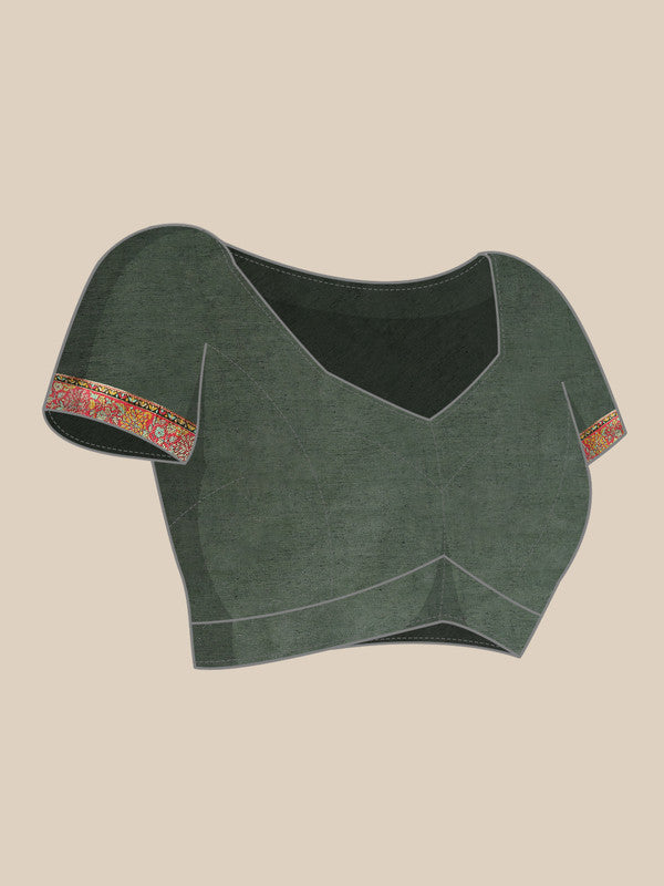 Green Cotton Blend Floral Saree with Thread Work & Blouse