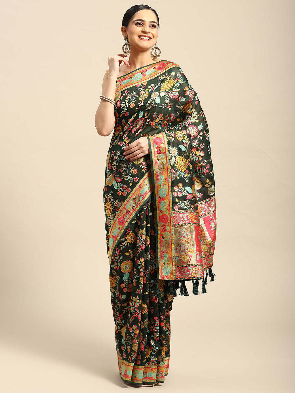 Green cotton blend saree with woven floral thread work and unstitched blouse