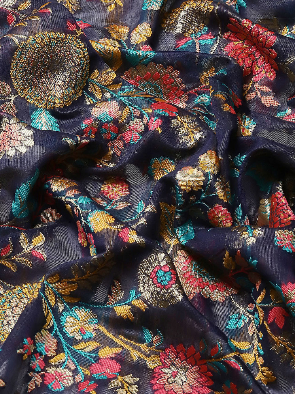 Navy Blue Cotton Blend Woven Thread Floral Saree with Unstitched Blouse - Hiral Fashion