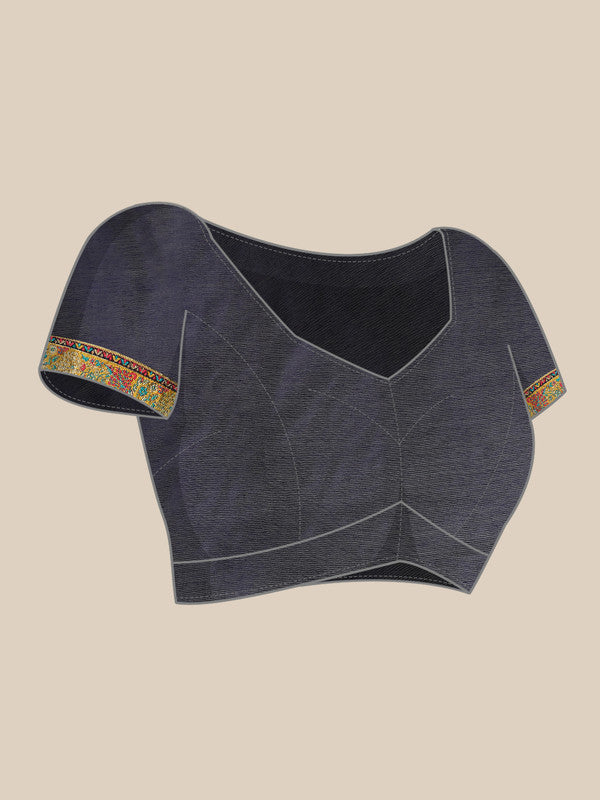 Navy Blue Cotton Blend Woven Thread Floral Saree with Unstitched Blouse - Hiral Fashion