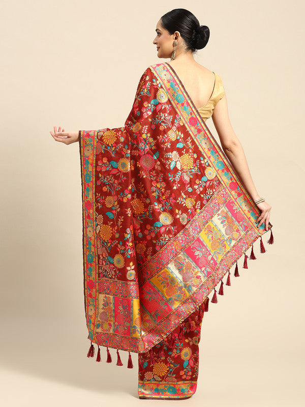 Red Cotton Blend Woven Thread Floral Saree with Unstitched Blouse - Hiral Fashion