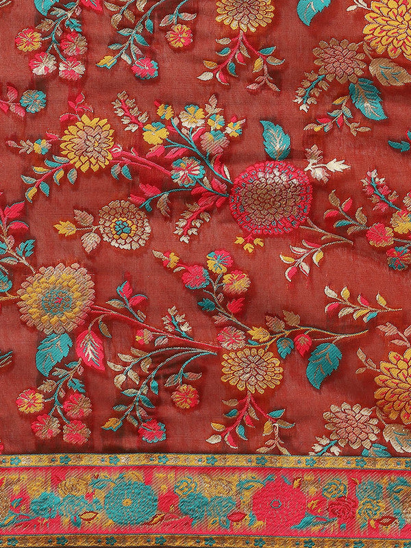Red Cotton Blend Woven Thread Floral Saree with Unstitched Blouse - Hiral Fashion