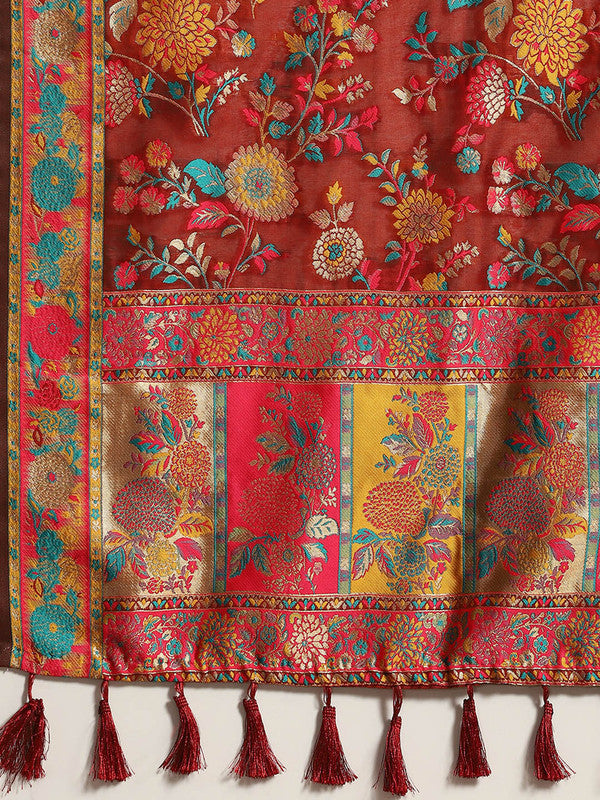 Red Cotton Blend Woven Thread Floral Saree with Unstitched Blouse - Hiral Fashion