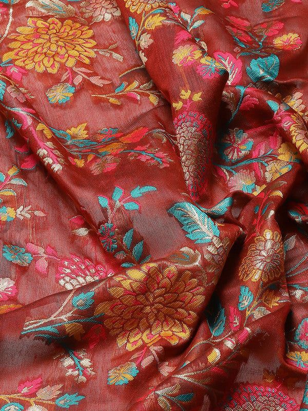 Red Cotton Blend Woven Thread Floral Saree with Unstitched Blouse - Hiral Fashion