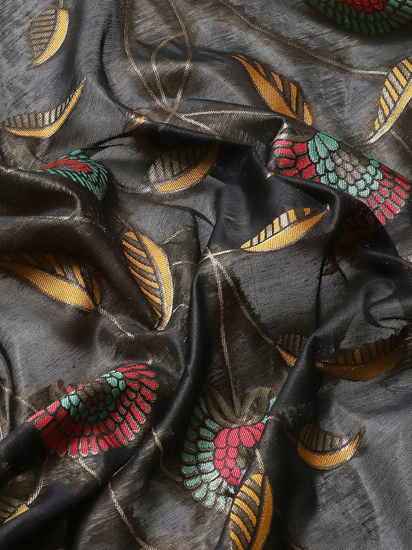 Black Cotton Blend Woven Thread Floral Saree with Unstitched Blouse - Hiral Fashion