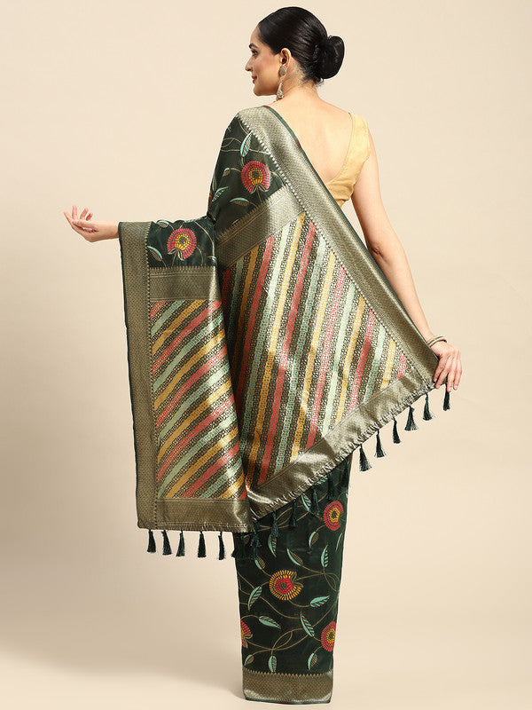 Green Cotton Blend Saree with Woven Thread Floral Design