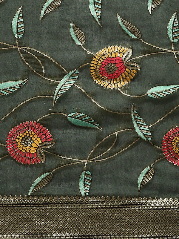 Green Cotton Blend Saree with Woven Thread Floral Design