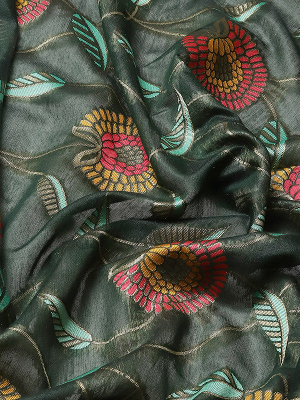 Green Cotton Blend Saree with Woven Thread Floral Design