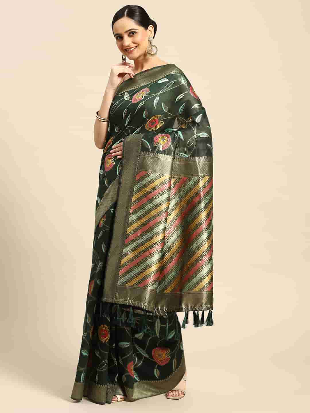 Green Cotton Blend Saree featuring a woven thread floral pattern with unstitched blouse piece.