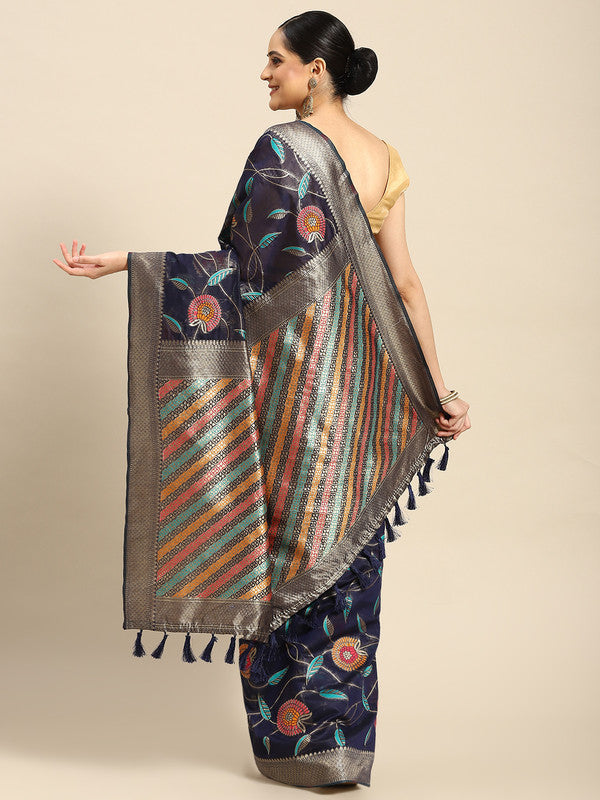 Navy Blue Cotton Blend Floral Woven Thread Saree with Blouse