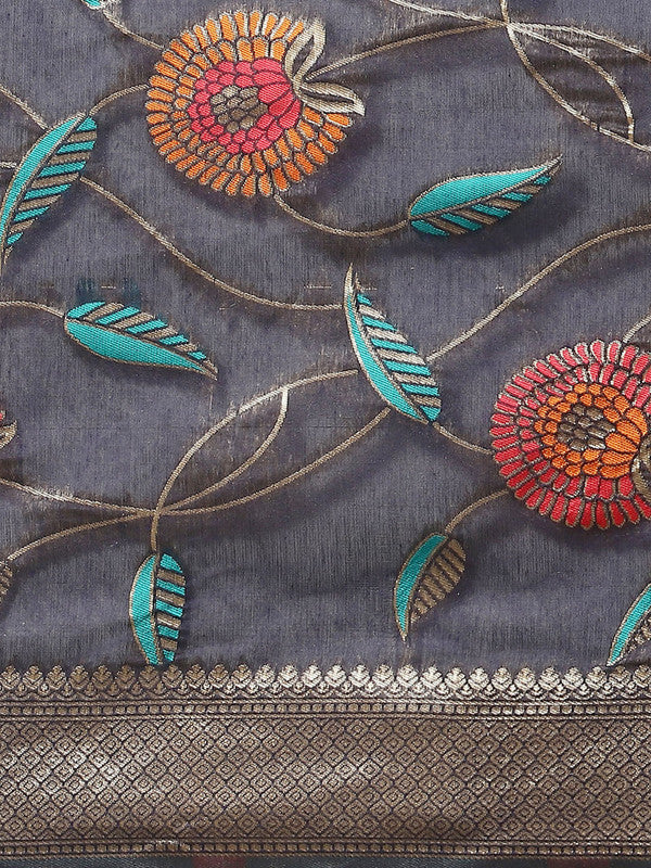 Navy Blue Cotton Blend Floral Woven Thread Saree with Blouse