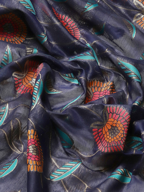 Navy Blue Cotton Blend Floral Woven Thread Saree with Blouse
