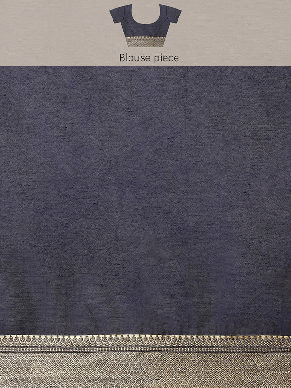 Navy Blue Cotton Blend Floral Woven Thread Saree with Blouse