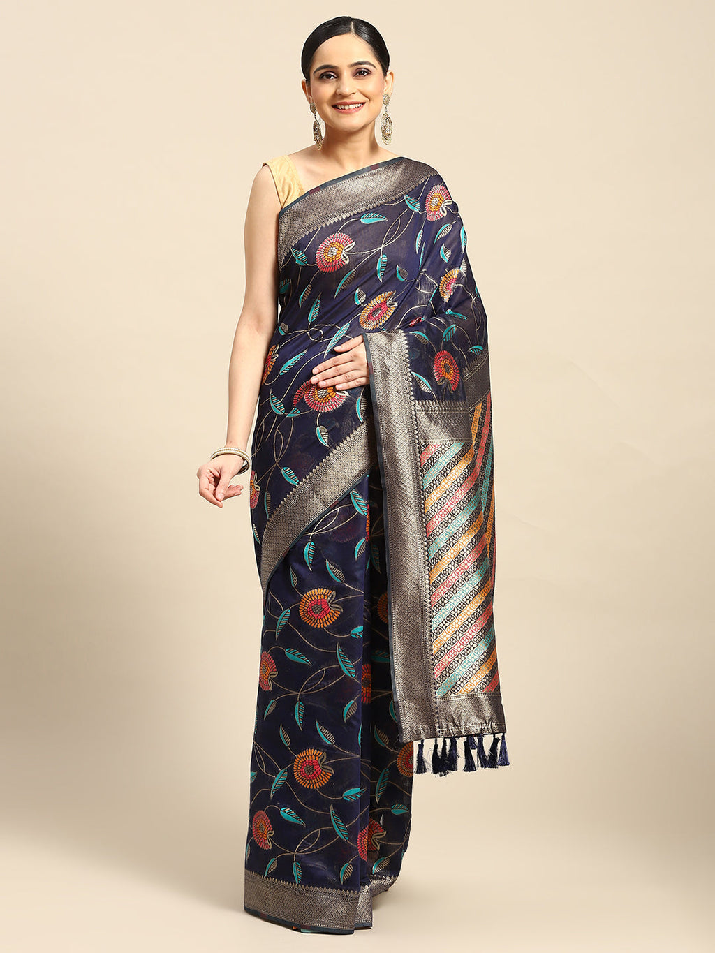 Navy blue cotton blend saree with woven thread floral motifs and unstitched blouse