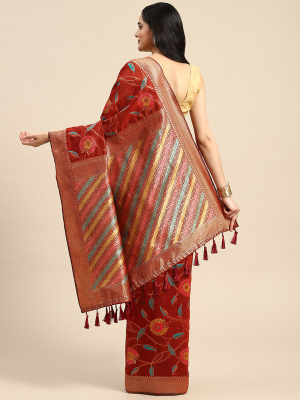 Red Cotton Blend Woven Thread Floral Saree with Blouse