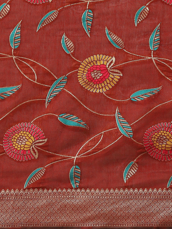 Red Cotton Blend Woven Thread Floral Saree with Blouse