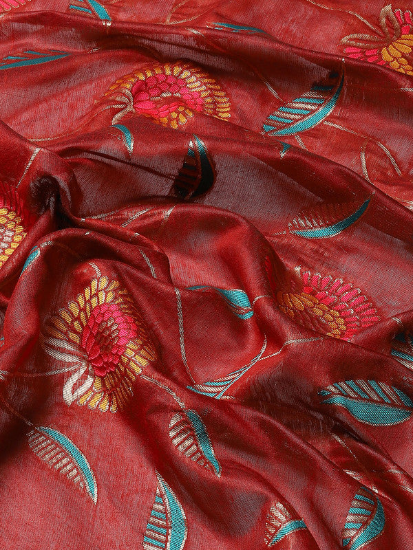Red Cotton Blend Woven Thread Floral Saree with Blouse