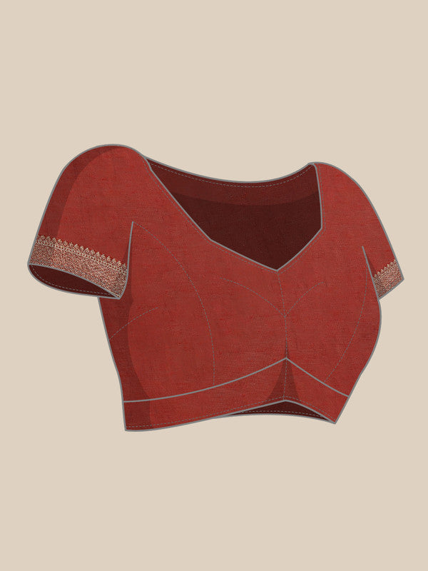 Red Cotton Blend Woven Thread Floral Saree with Blouse