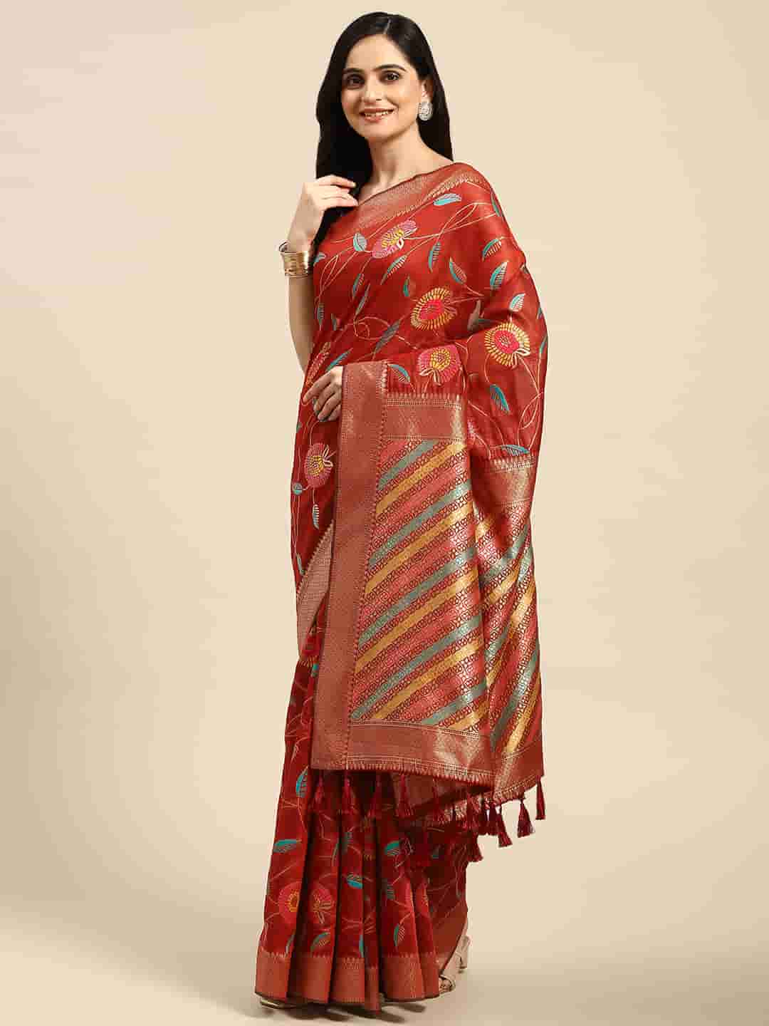 Red cotton blend saree with woven floral thread work and blouse piece