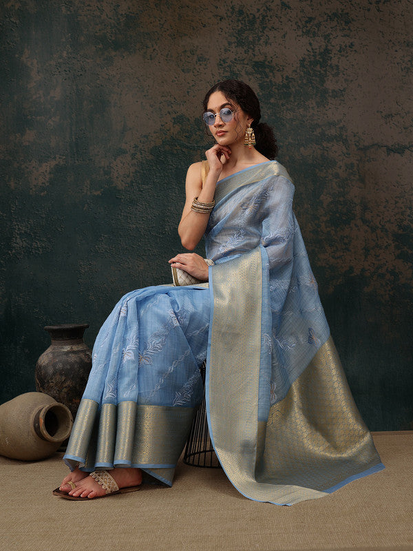 Blue Kota Doria saree with intricate floral embroidery and matching blouse piece