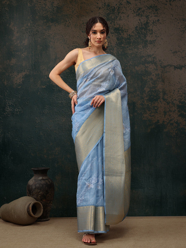 Blue Kota Doria Embroidered Floral Saree with Unstitched Blouse
