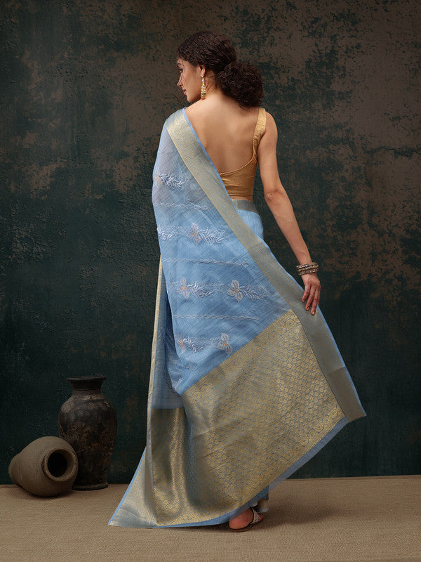 Blue Kota Doria Embroidered Floral Saree with Unstitched Blouse