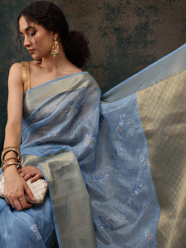 Blue Kota Doria Embroidered Floral Saree with Unstitched Blouse