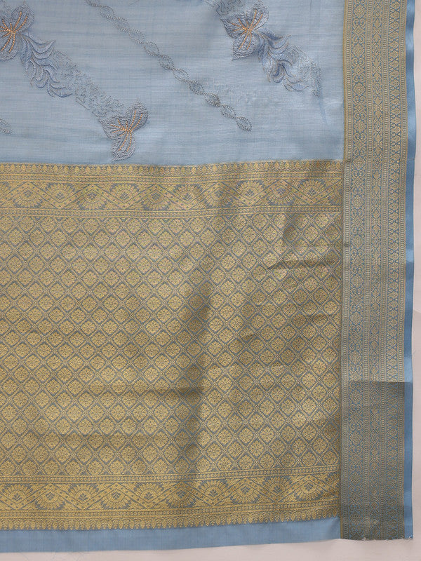 Blue Kota Doria Embroidered Floral Saree with Unstitched Blouse