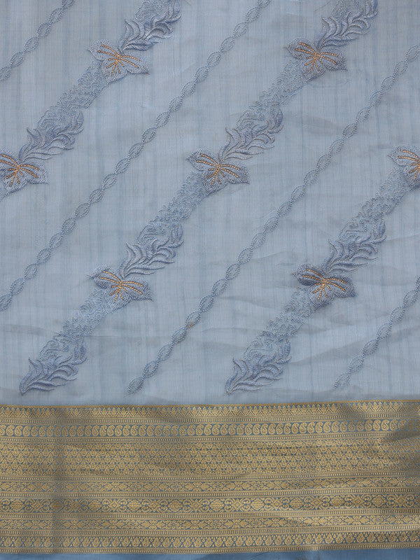 Blue Kota Doria Embroidered Floral Saree with Unstitched Blouse