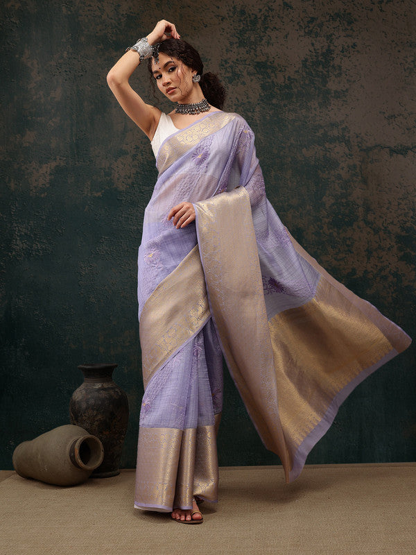 Lavender floral embroidered Kota Doria saree with unstitched blouse