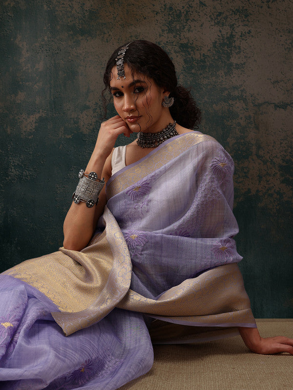 Lavender Kota Doria Embroidered Floral Saree with Unstitched Blouse