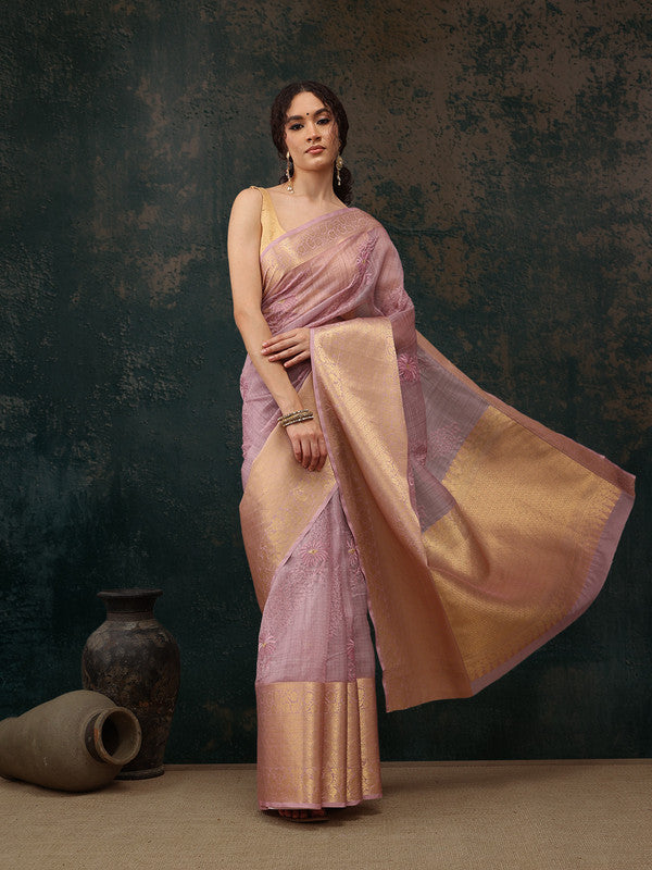 Pink Kota Doria saree with delicate floral embroidery and matching unstitched blouse