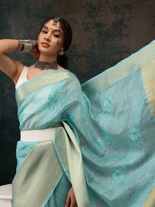 Turquoise Kota Doria saree with floral embroidery and unstitched blouse piece