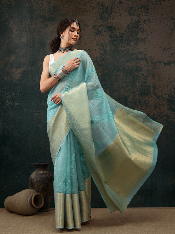 Turquoise Kota Doria Embroidered Saree with Floral Motif