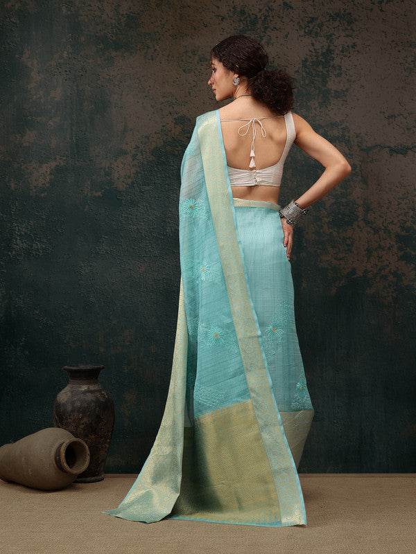 Turquoise Kota Doria Embroidered Saree with Floral Motif