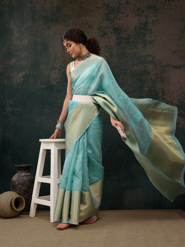 Turquoise Kota Doria Embroidered Saree with Floral Motif