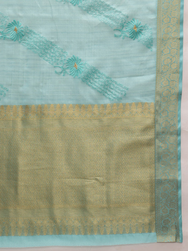 Turquoise Kota Doria Embroidered Saree with Floral Motif