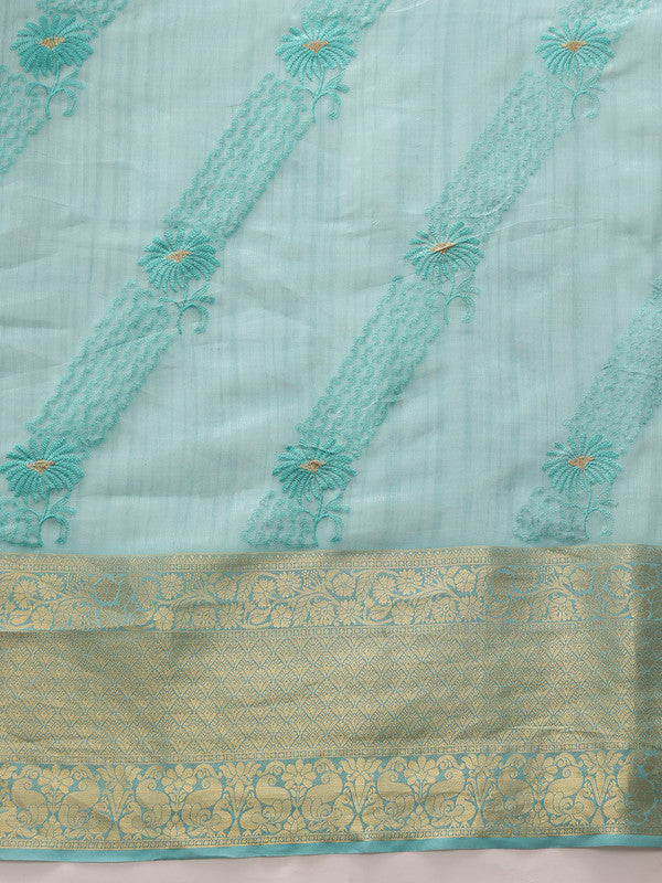 Turquoise Kota Doria Embroidered Saree with Floral Motif