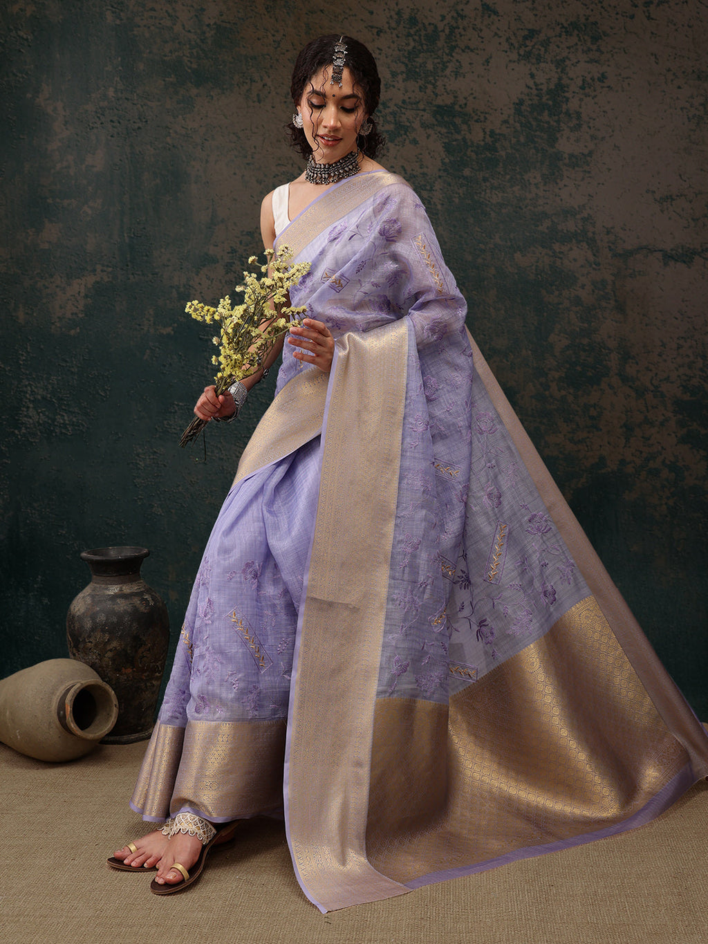Lavender Kota Doria Saree with Embroidered Floral Motifs
