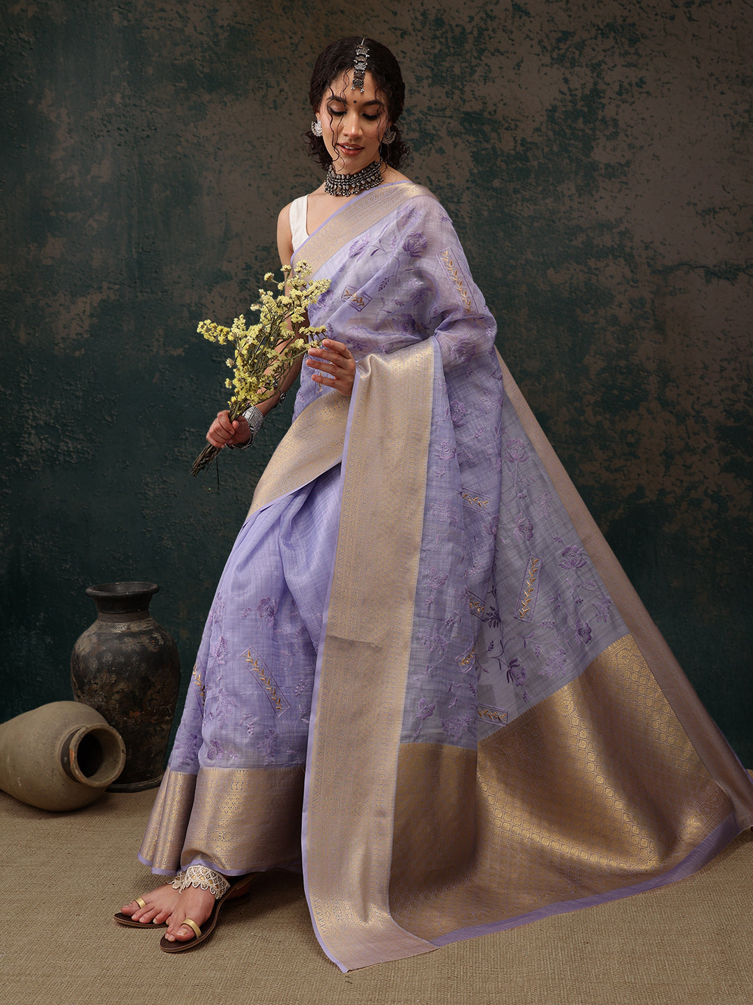 Lavender Kota Doria Saree with Embroidered Floral Motifs