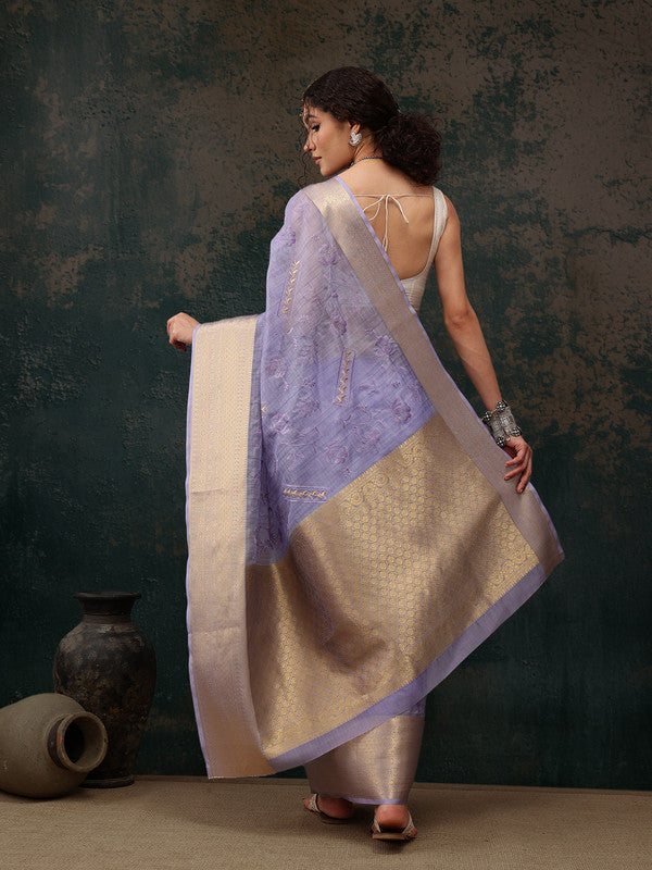 Lavender Kota Doria Saree with Embroidered Floral Motifs