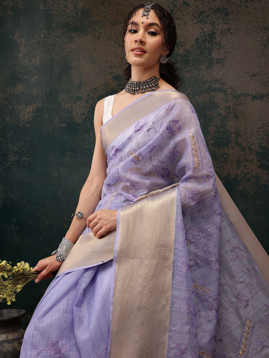 Lavender Kota Doria Saree with Embroidered Floral Motifs