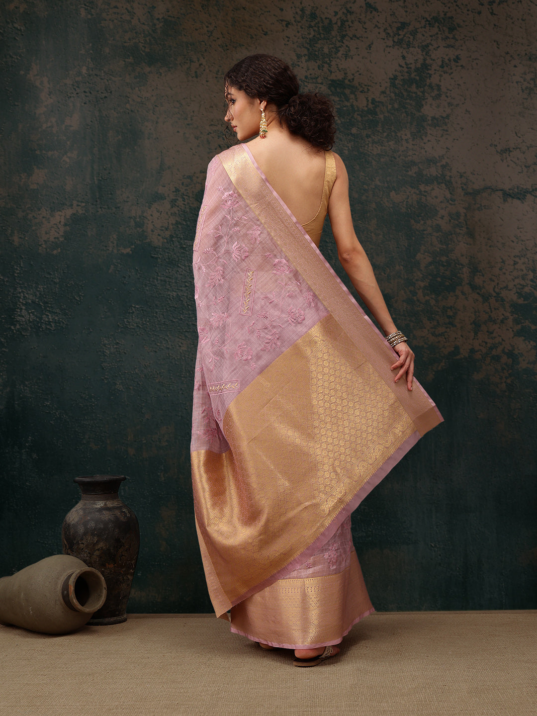 Pink Kota Doria Embroidered Floral Saree with Unstitched Blouse
