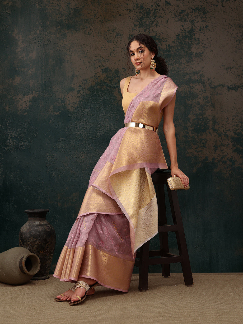 Pink Kota Doria Embroidered Floral Saree with Unstitched Blouse