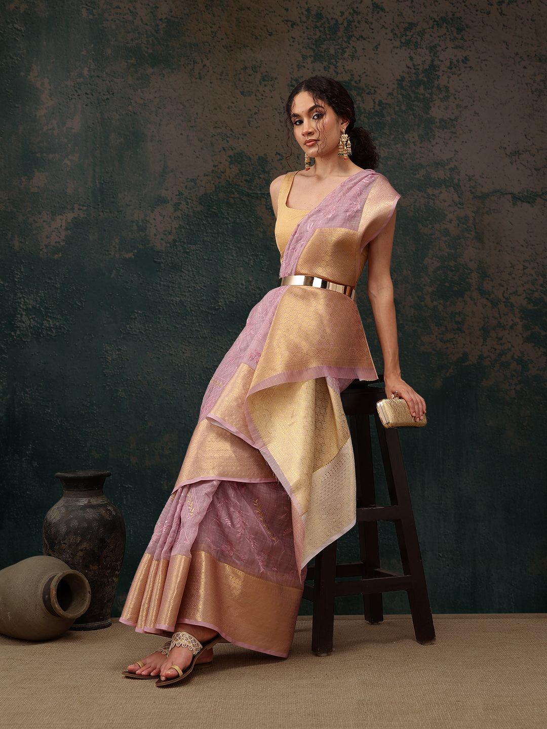 Pink Kota Doria Embroidered Floral Saree with Unstitched Blouse