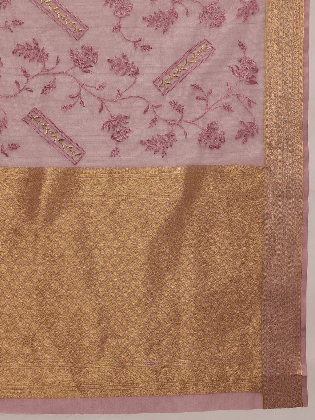 Pink Kota Doria Embroidered Floral Saree with Unstitched Blouse