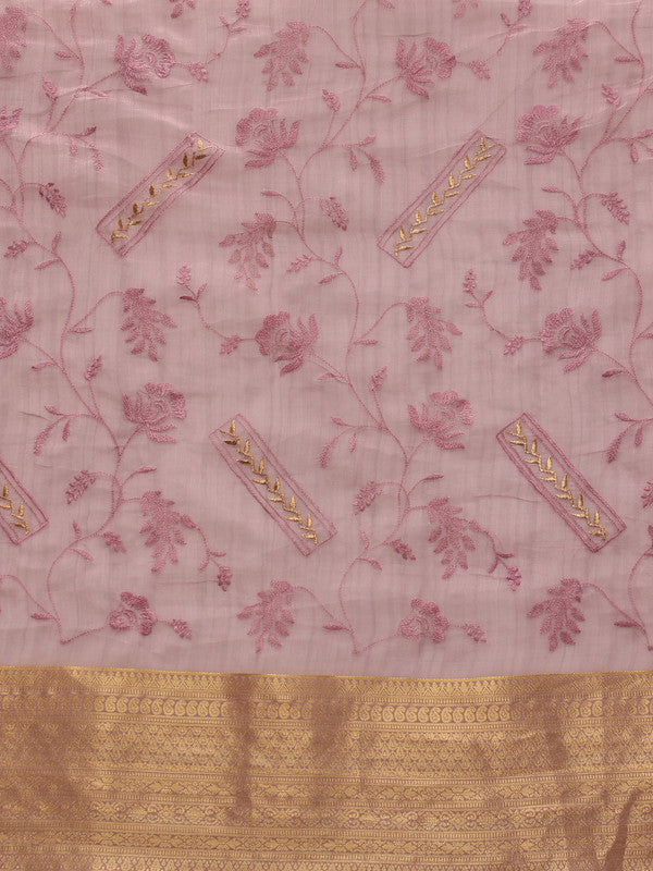 Pink Kota Doria Embroidered Floral Saree with Unstitched Blouse