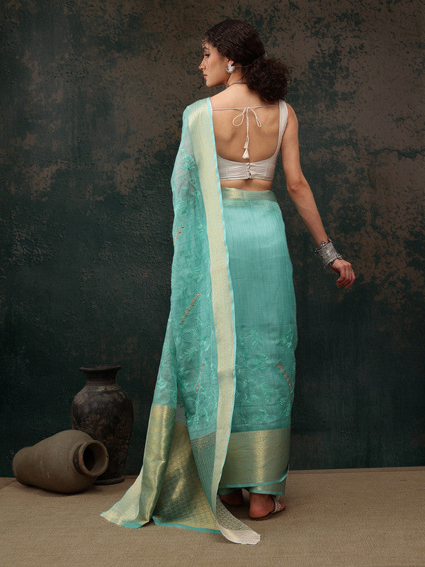 Turquoise Kota Doria Embroidered Floral Saree, Unstitched Blouse